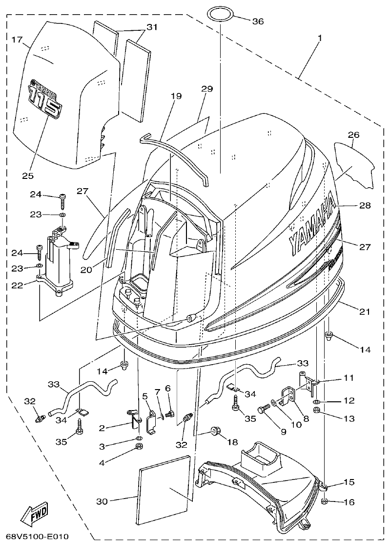 Yamaha F115TR, LF115TR, F115AET, FL115AET TOP COWLING parts diagram